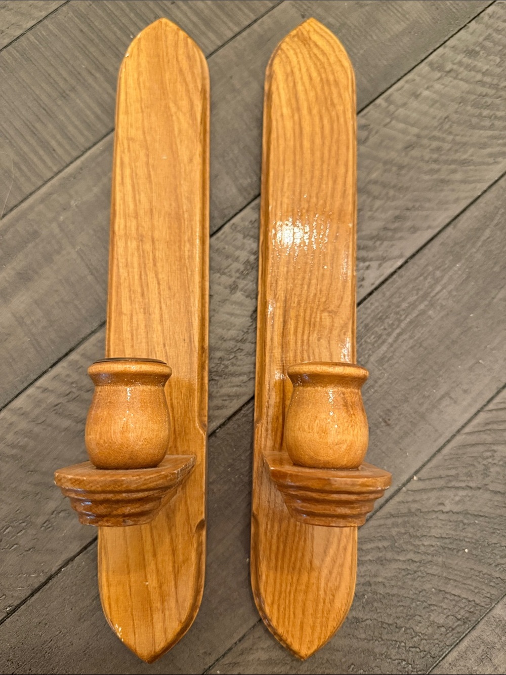 Vintage Solid Wood Wall Sconces in Honey Brown - Pair